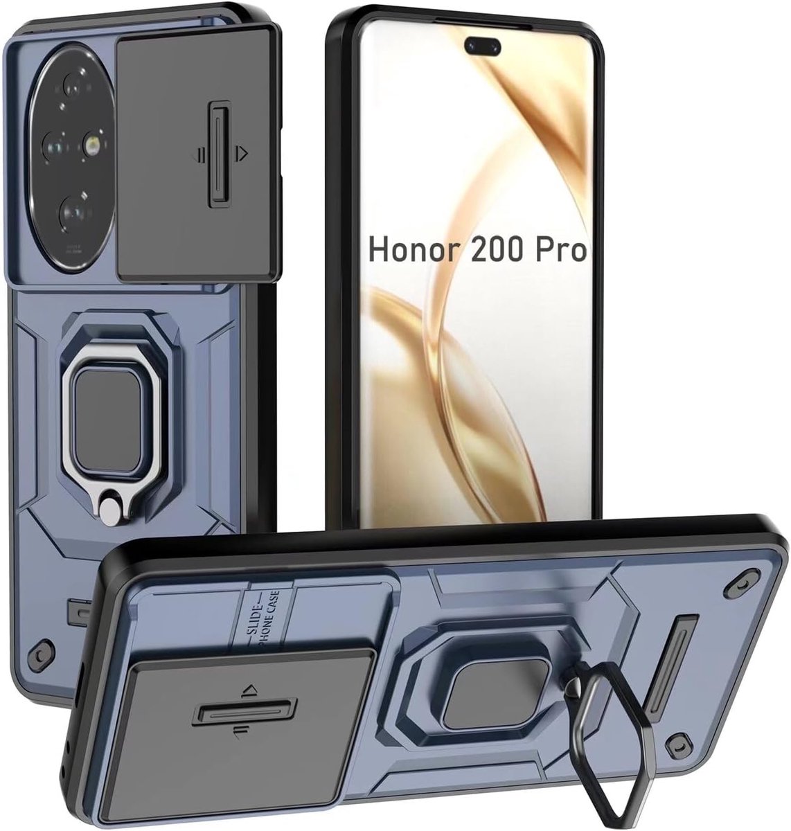 Mobiele hoes Honor 200 Pro - Armor case met schuifcamera - Schokbestendig met ringstand - Bescherming voor camera - ShopVlot