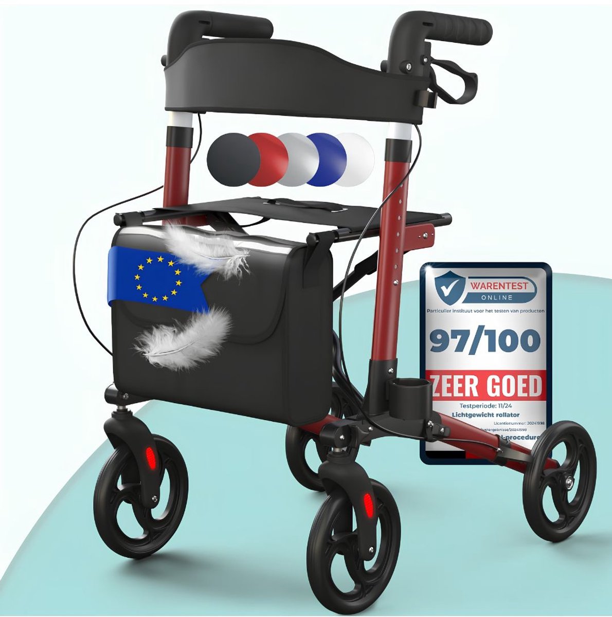 Lìon® Rollator - Opvouwbare Rollator - Rollators Binnen en Buiten - Zwart/Rood - 65cm x 66cm x 97cm