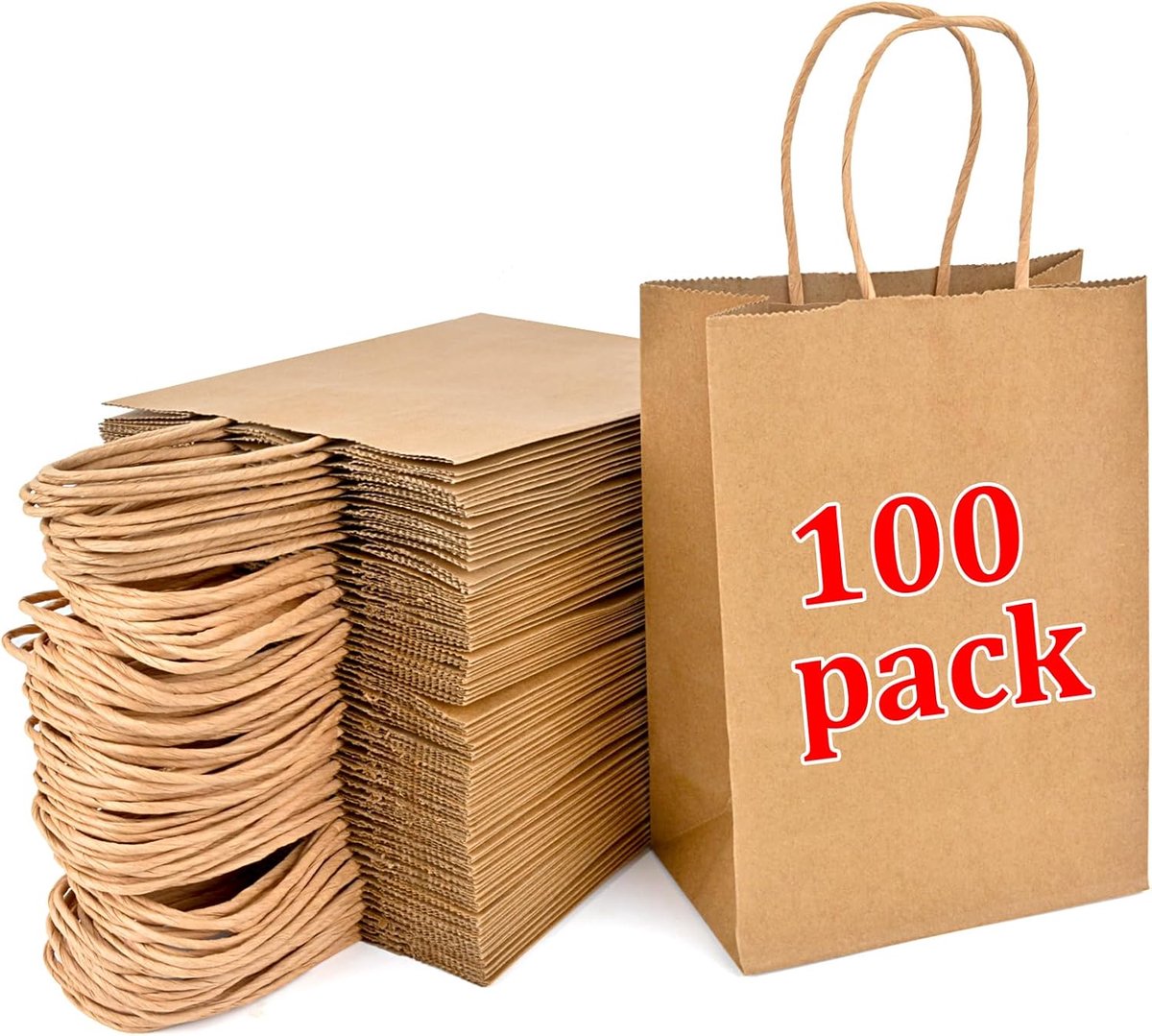 Papieren zakjes met hengsels 15 x 8 x 21 cm - kraftpapier - 100 stuks - ideaal voor cadeauverpakkingen - ShopVlot