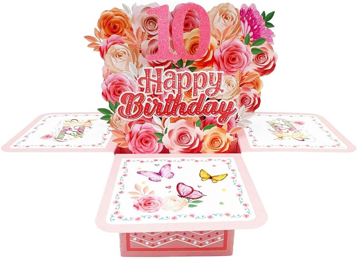 Pop-upkaart Happy 10e verjaardag - 3D verjaardagskaart - vrolijke ballonnen en cadeaus - uniek cadeau voor meisjes - ShopVlot