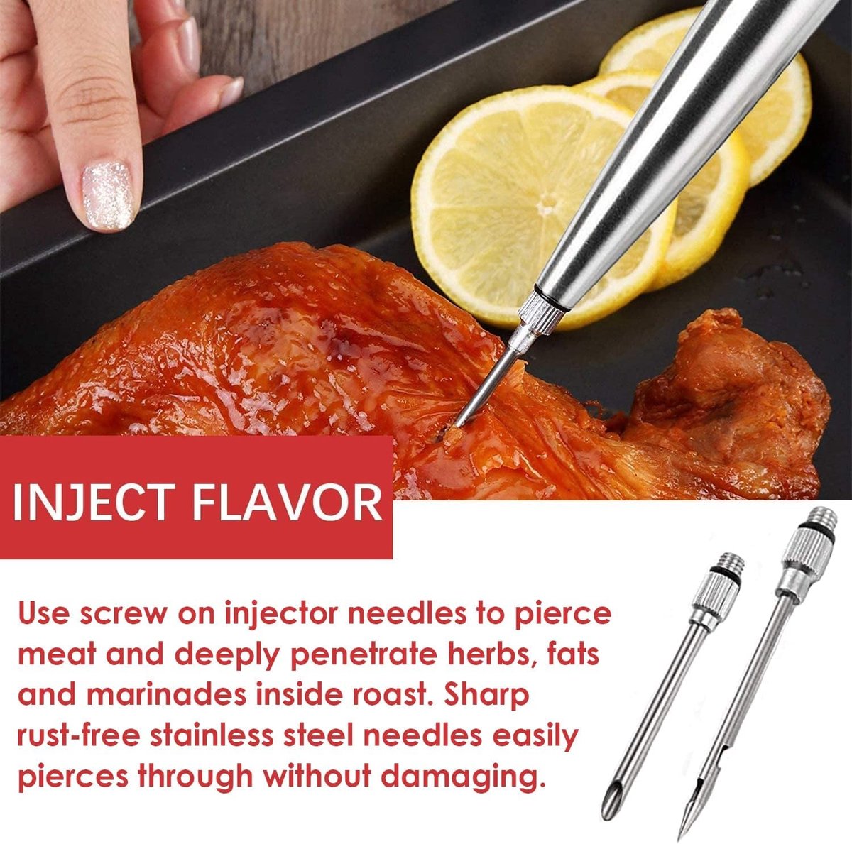 Spuitinjector set - roestvrij staal - met marinade spuit en borstel - voor sappig en aromatisch vlees - ShopVlot