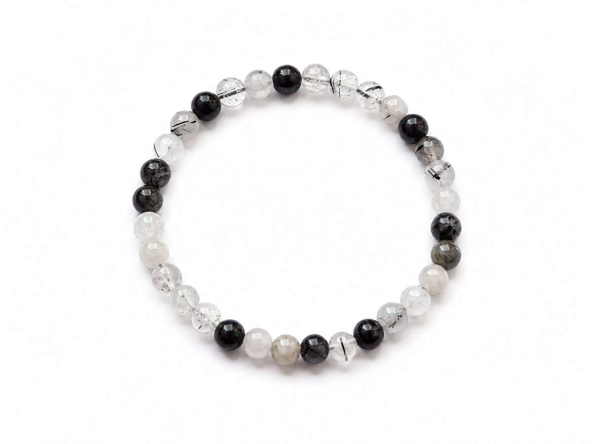 Toermalijn in Kwarts Armband 17 cm – 6 mm kralen – Edelstenen Armband – Wit/Zwart- Armband - Edelsteen armband – Wit en zwart edelsteen armbad – Toermalijn in kwarts