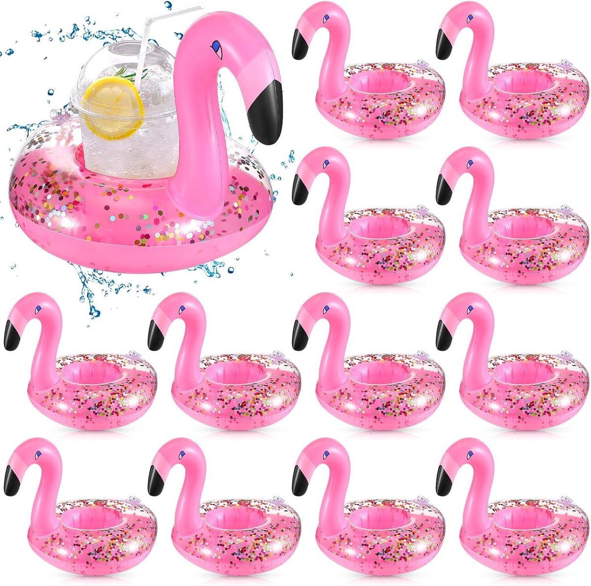 Opblaasbare bekerhouders flamingo - 16 stuks - met glinsterende confetti - perfect voor zomerse poolparty's - ShopVlot