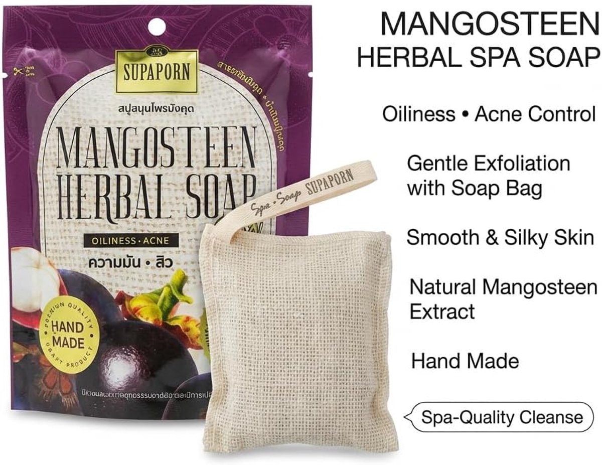 Kruidenzeep met peelingzak 70 g - Mangosteen extract - Natuurlijke spa lichaamsreiniging - Verzorgt de huid - ShopVlot