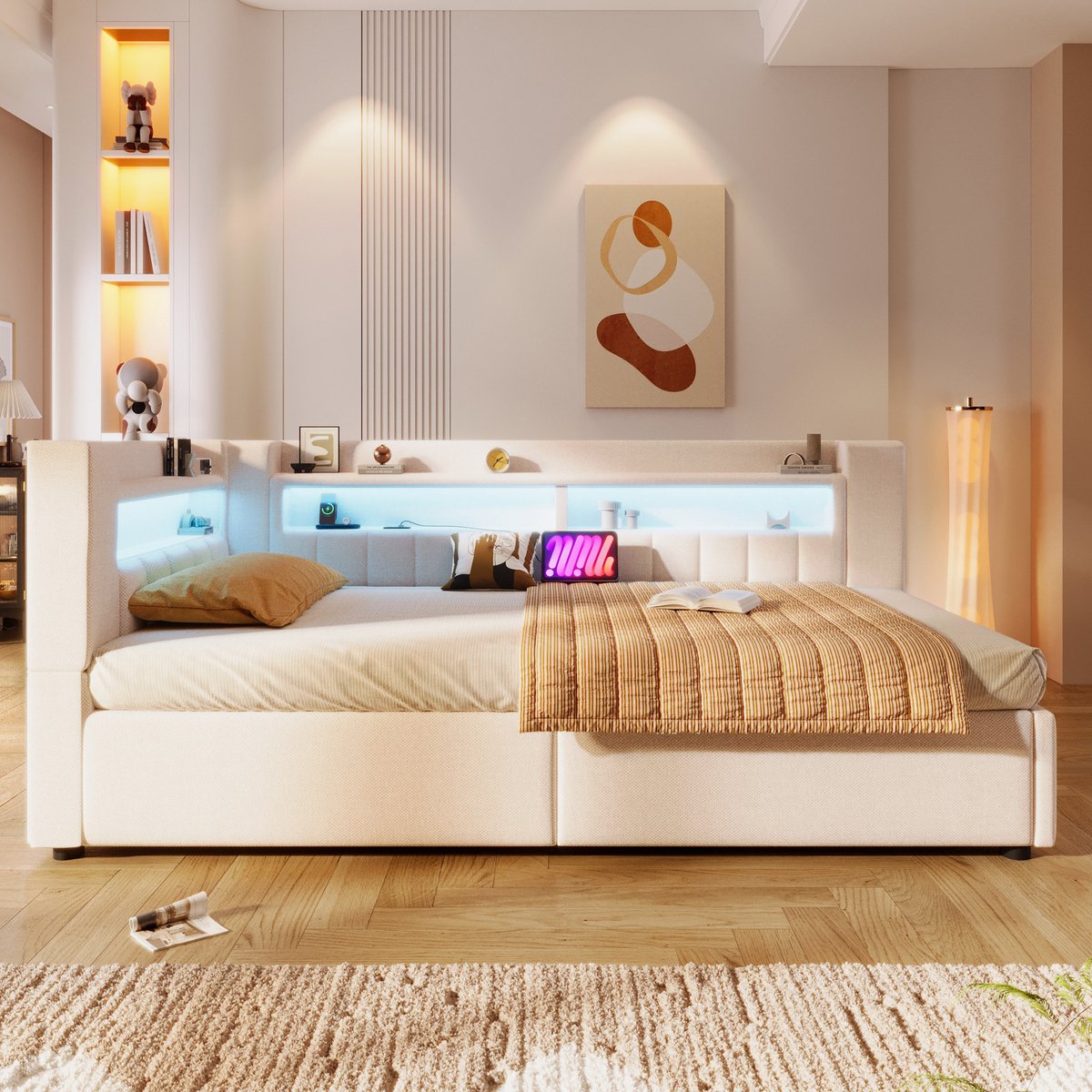 VVBV Bedbank 90x200 cm - Hydraulische Opbergruimte, USB & Type-C, LED-Verlichting, Met Planken - Beige, Linnen