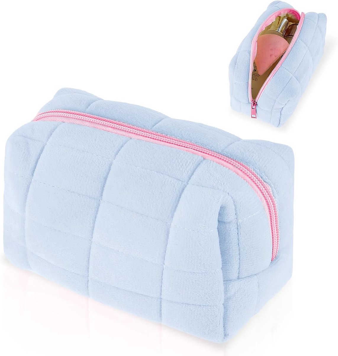 Make-up case - kleine pluizige toilettas - blauw - ideaal voor reizen - ShopVlot