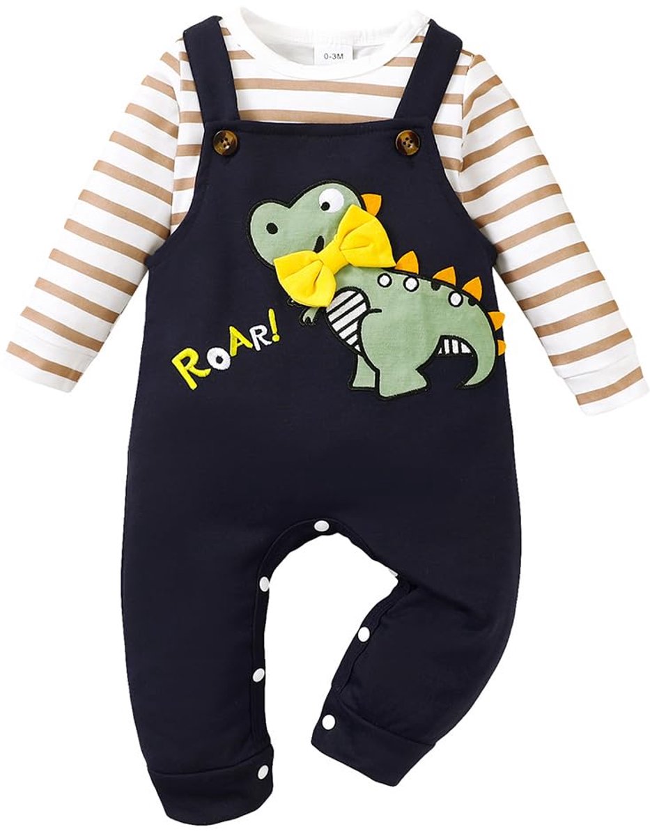 Baby jongen kleding lange mouwen - bruine dino print - verstelbare bandjes - schattige outfit voor speeltijd - ShopVlot