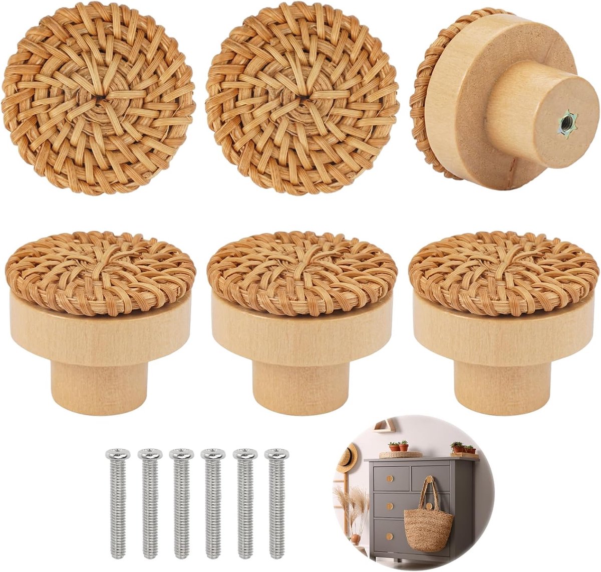 Rotan meubelknoppen 4 x 3 cm - Houten deurknop - Set van 6 - Perfect voor kasten - ShopVlot
