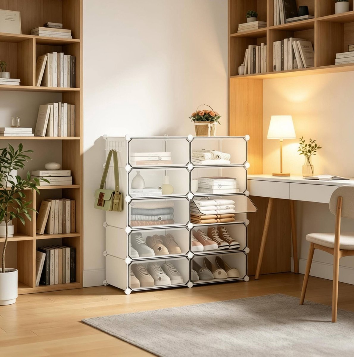 MODENUIT Schoenenkast - Modulair Rek Met Kleppen - Voor Hal En Woonkamer - Kunststof - Wit - 40x30x170 Cm