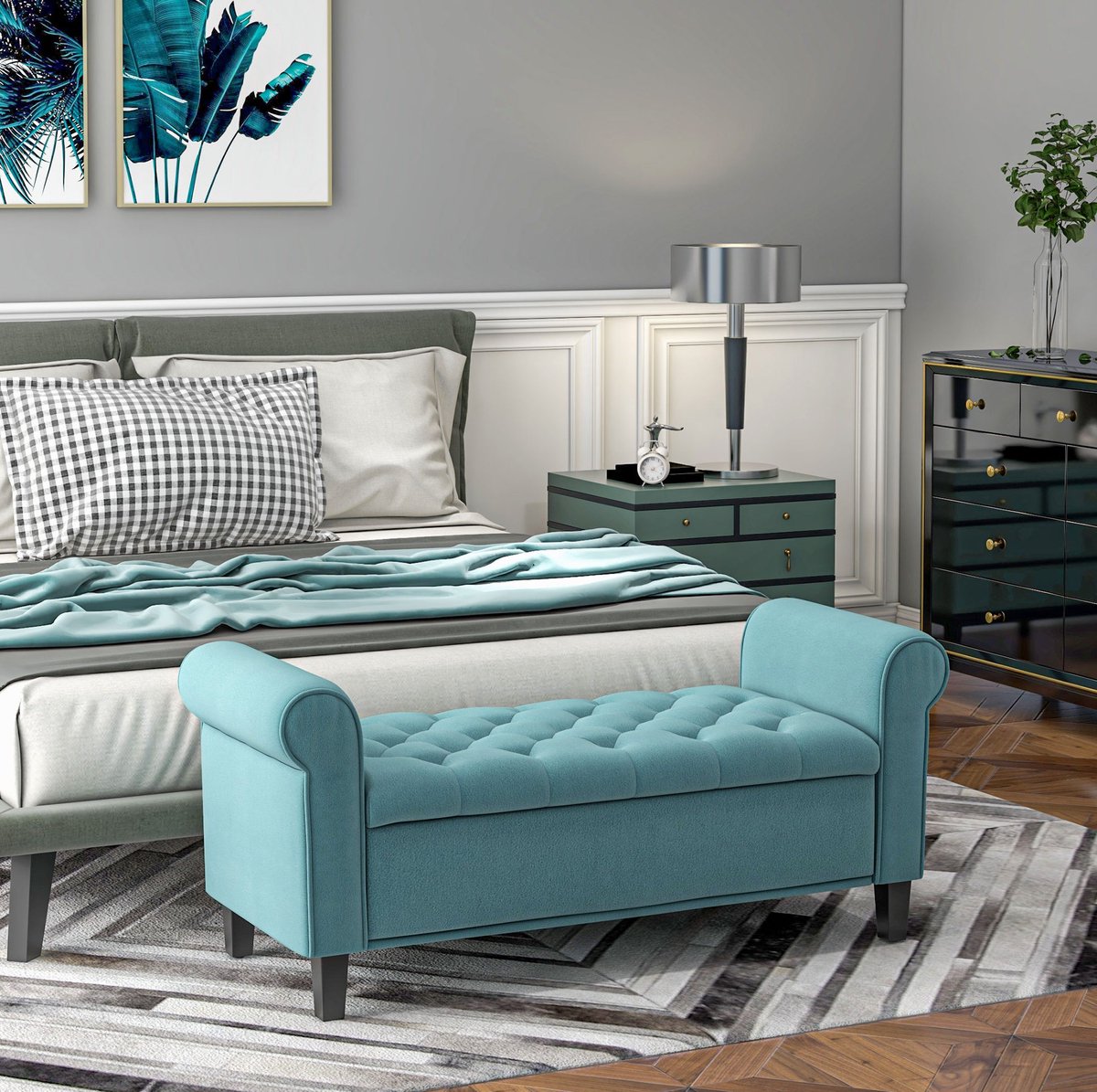 STILVORA Bedbank 2-Zits - Opbergruimte - Geknoopte Bekleding - Voor Slaapkamer En Hal - Polyester - Groen