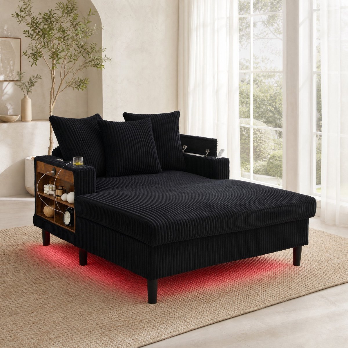 MEUNIQ Chaise longue 129 x 170 x 70 cm met ribstof bekleding, LED-verlichting, bekerhouders, USB-oplaadpoort en opbergruimte voor woonkamer of balkon, zwart
