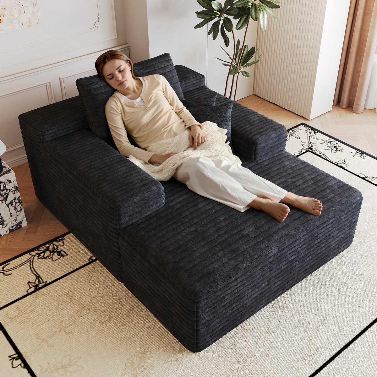 STILVORA Chaise Longue 1-zits - Boneless Modulaire Sofa Zonder Montage - Voor Woonkamer En Slaapkamer - Ribstof - Zwart