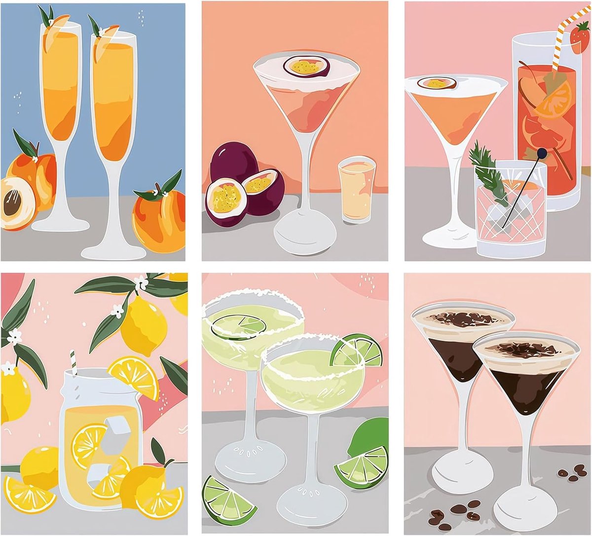 SnelShoppen - 6 Stuks Kleurvolle Retro Cocktail Posters, Wanddecoratie van Katoen, Grappige Alcohol Wijn Glas Afbeeldingen, Esthetische Wanddecoratie
