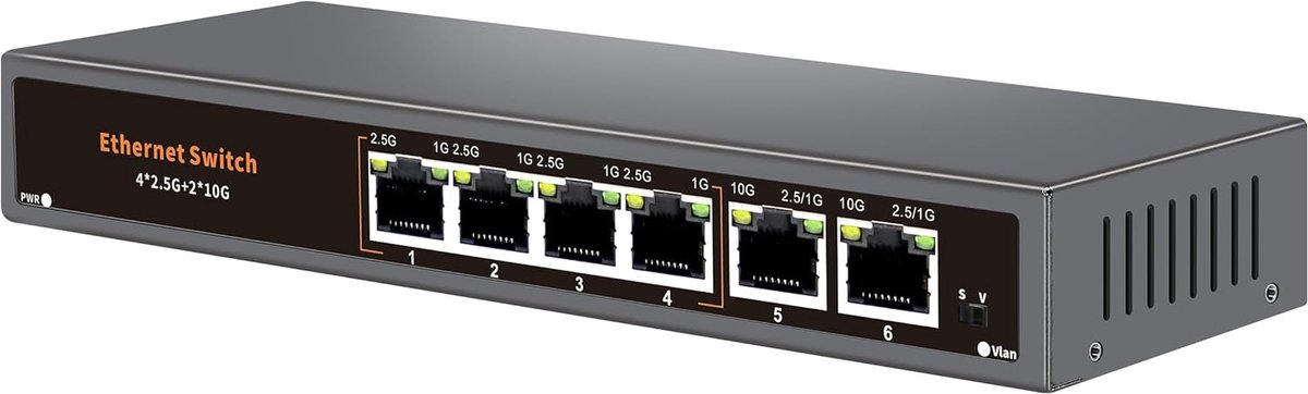 Ethernet switch 2.5G met 4 x 2.5G poorten - 2 x 10G uplink - fanless plug & play - ideaal voor snelle netwerken - ShopVlot