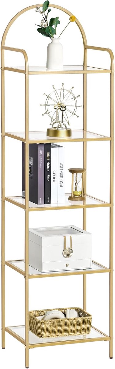 HILINSIE Boekenkast, Boekenplanken Van Gehard Glas,5 Verdiepingen Goud