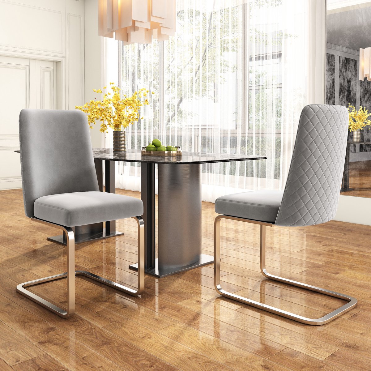 2 Velvet Eetkamerstoelen Met Diamant Rugleuning En Metalen Poten - Lounge Fauteuils Set Zilver