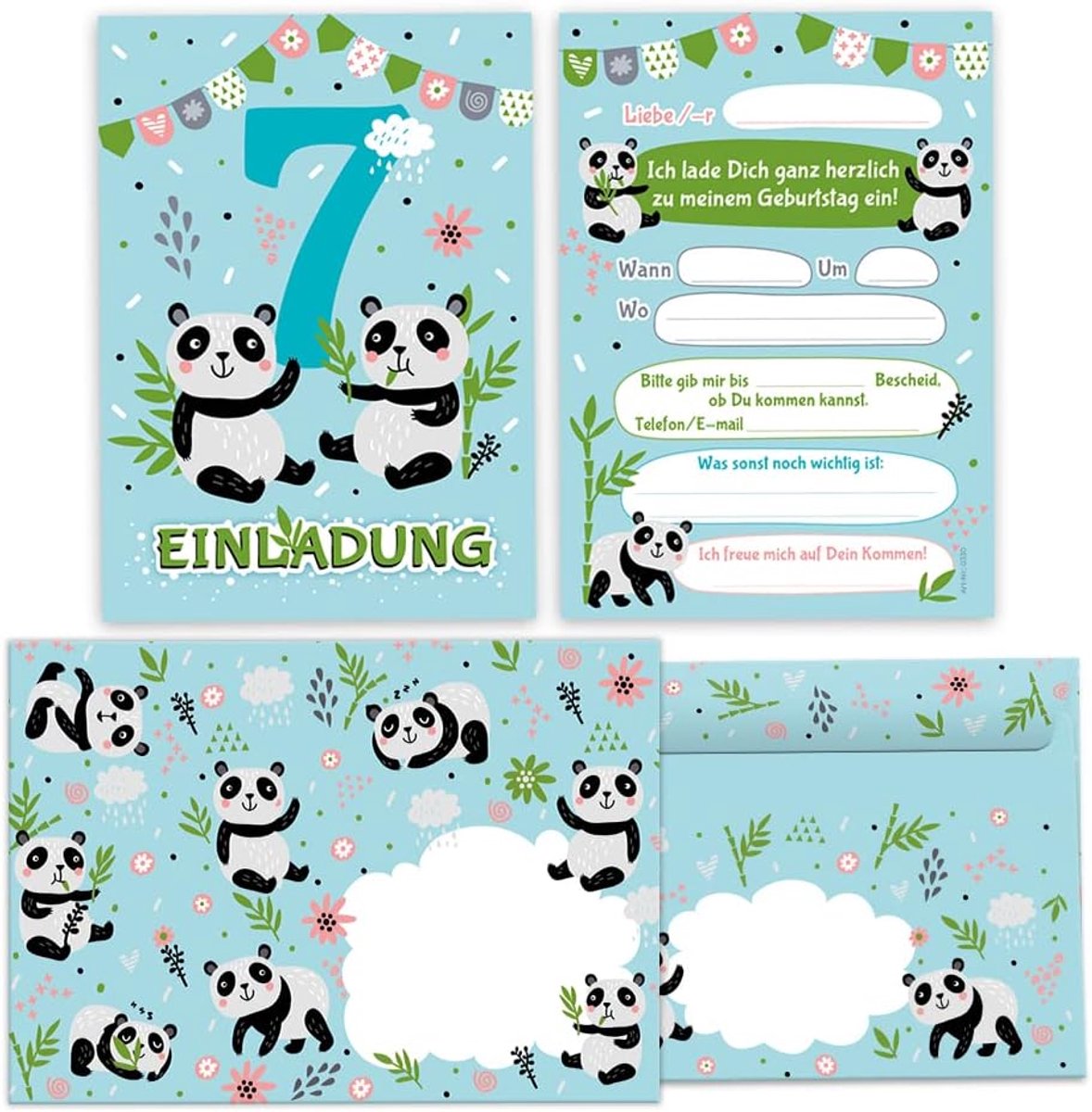 uitnodigingen voor kinderfeestje 12 stuks - panda ontwerp - met enveloppen - praktische invulvelden - ShopVlot