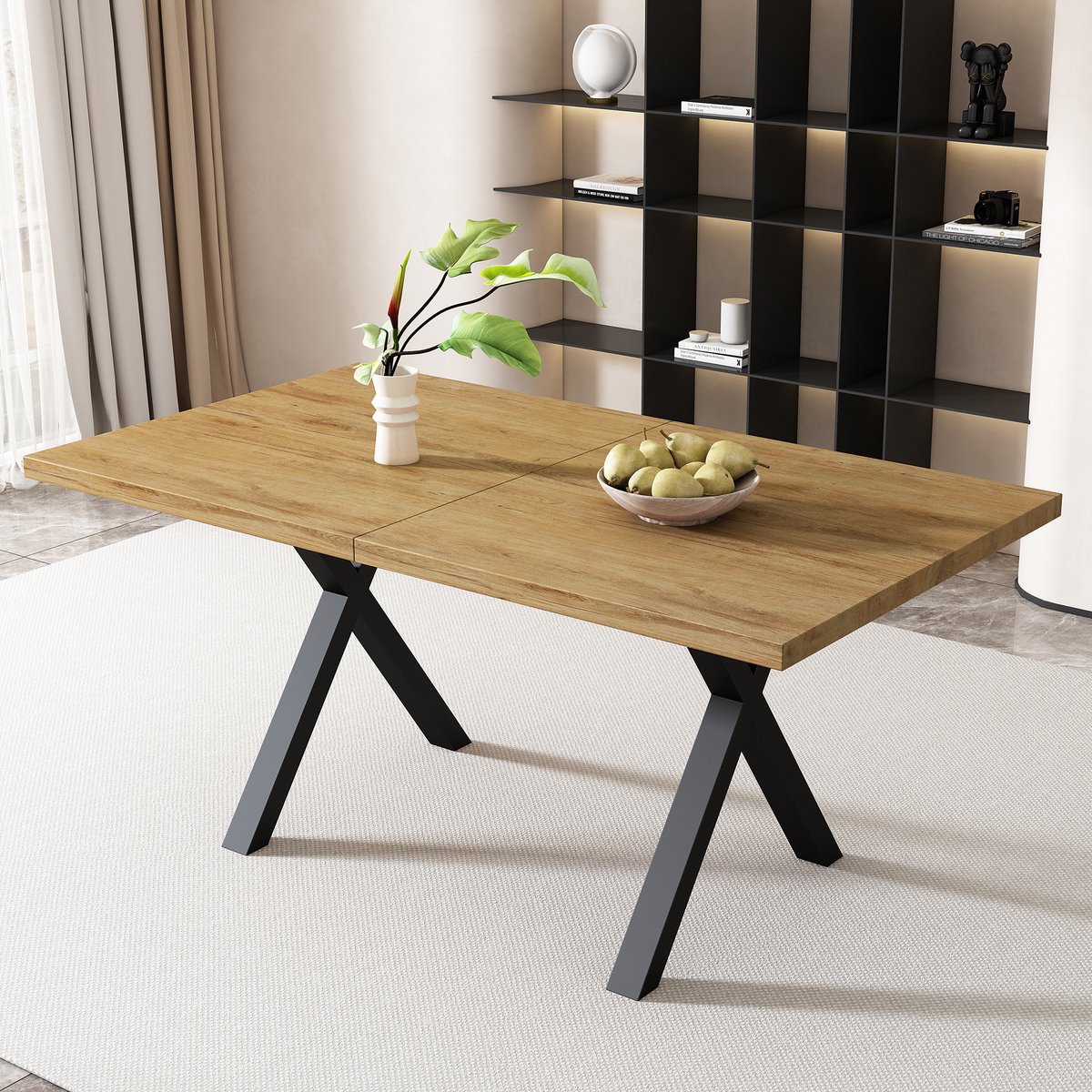 Eettafel 140x80 cm - Rechthoekige Eettafel Met Gekruiste Buitenpoten - Metaal En MDF Eiken