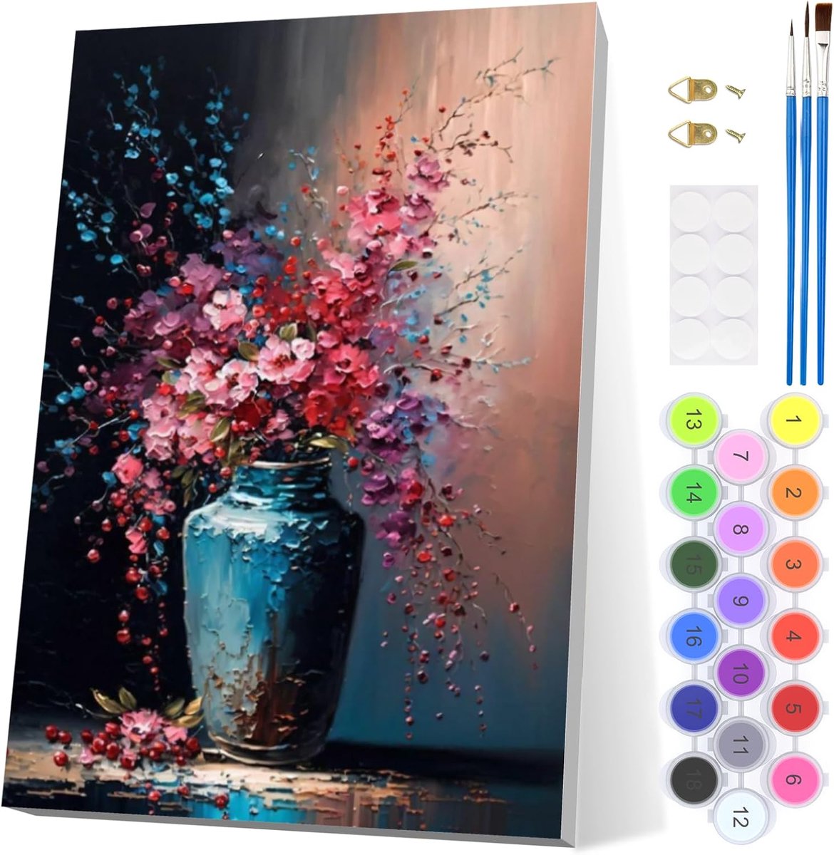 Vaas Bloem Schilderij Nummer 20x30cm - Creatief Hobby Schilderen op Nummer - DIY Kit met Penselen en Acrylverf - ShopVlot