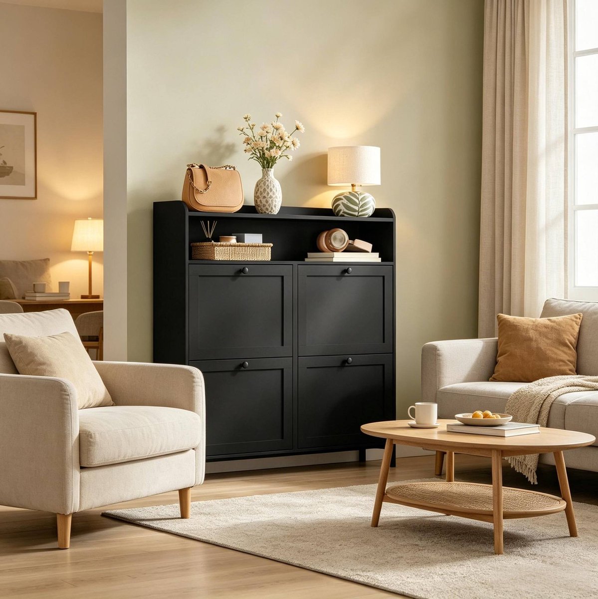 Schoenenkast - Smalle Kast Met 4 Kleppen - Voor Hal - Spaanplaat En Metaal - 100x19,5x107 Cm - Zwart