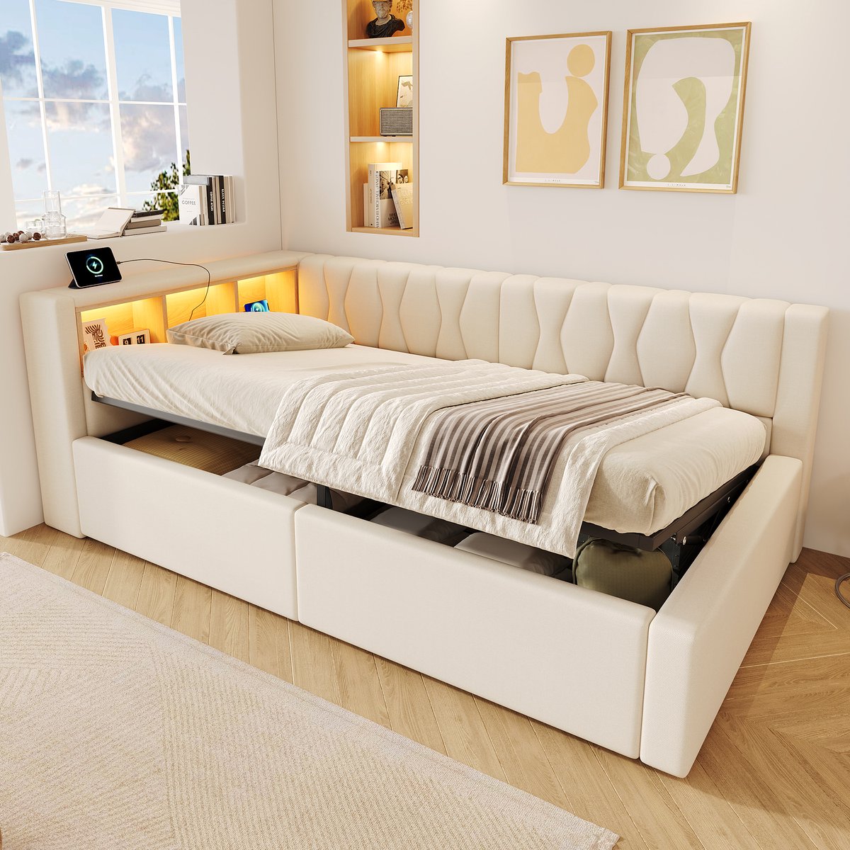 VVBV Bedbank 90x200 cm - Hydraulische Opbergruimte, USB-Aansluiting, Stopcontact, LED-Verlichting - Beige, Linnen