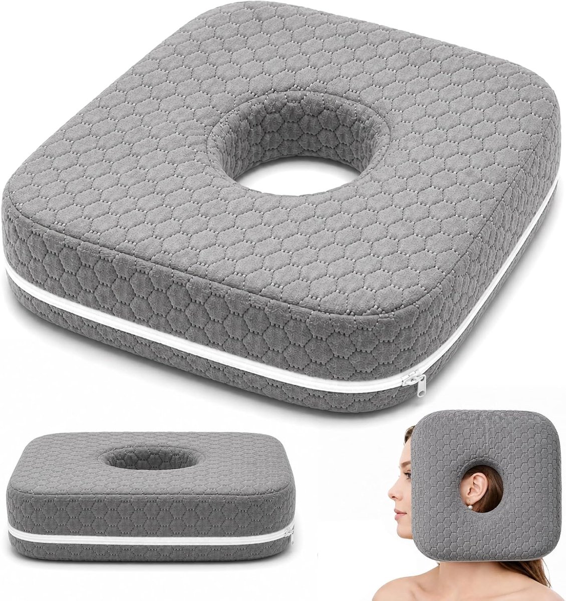 Piercingkussen met gat 23 x 23 x 5 cm - zacht katoen - oorkussen voor zijslapers - voorkom oorpijn - ShopVlot