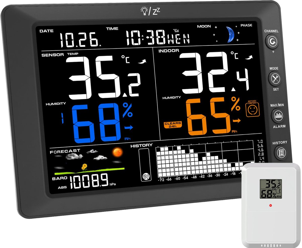 Draadloos weerstation met buitensensor - 8,3 inch VA-kleurendisplay - DCF-radioklok - ShopVlot