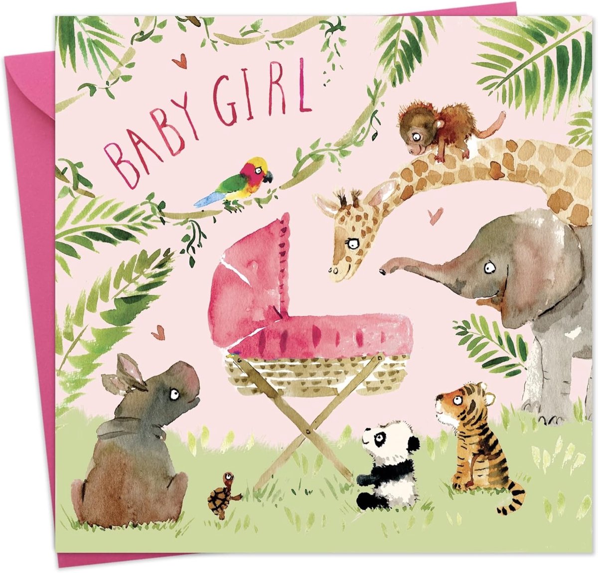 Nieuwe baby kaart meisje - roze wieg en jungle dieren - leuke gefeliciteerd kaart - perfect voor nieuwe baby geschenken - ShopVlot