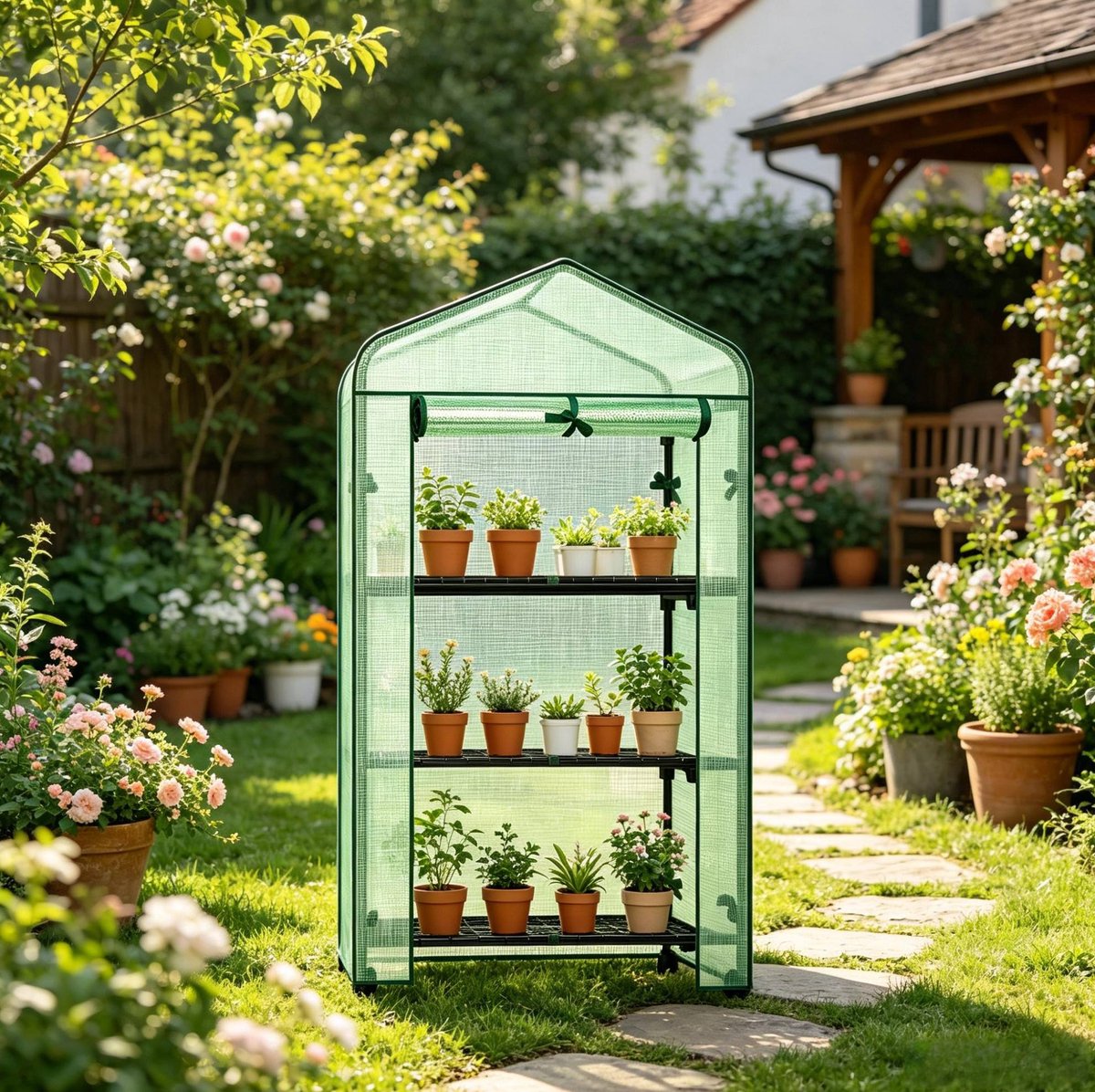 MIVRAY Foliekas Met Wielen En 3 Planken – Compacte Mobiele Kas – 70 X 50 X 130 Cm – PE En Staal – Groen – Voor Balkon En Tuin