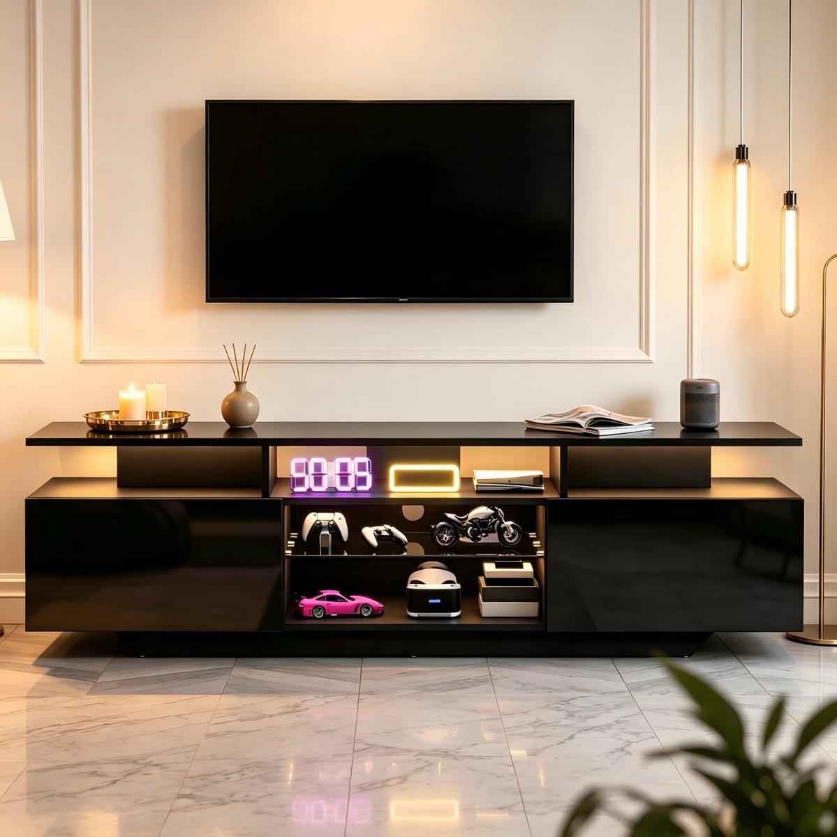 Tv Meubel - LED Verlichting En 2 Kasten - Woonkamer En Entertainment - MDF En Gehard Glas - 160x40x45 Cm - Zwart