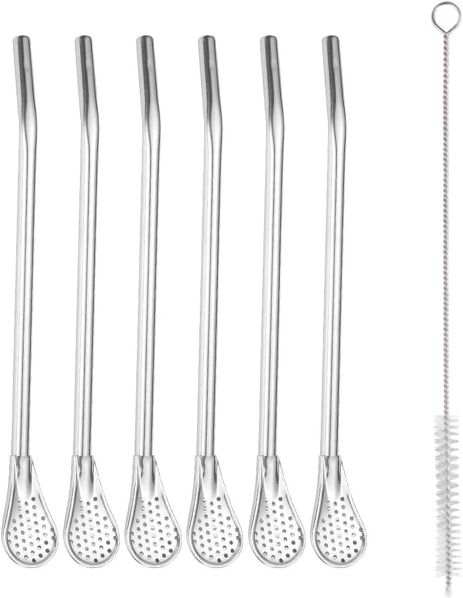 Stainless Steel Straw Spoon, 2-in-1.6 Pieces, Metal Straws with Filter, Reusable Yerba Mate Bombilla for Tea, Coffee - ShopVlot