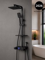 Compleet Douchesysteem - Doucheset Zwart met Regendouche - Doucheset - Regendouches - Regendouche met thermostaatkraan - Vierkante - Verstelbaar - Temperatuur Display - 360° Draaibaar - Mat Zwart