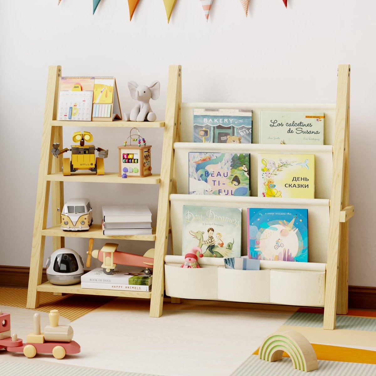 Montessori Kinderboekenkast van Hout - Kinder Boekenplank en Speelgoed Opbergrek - Ruime Opbergkast voor Kinderkamer, Speelkamer en Babyruimte - Houten Rek voor Boeken, Speelgoed en Accessoires - Kindermeubel voor Peuters en Kinderen