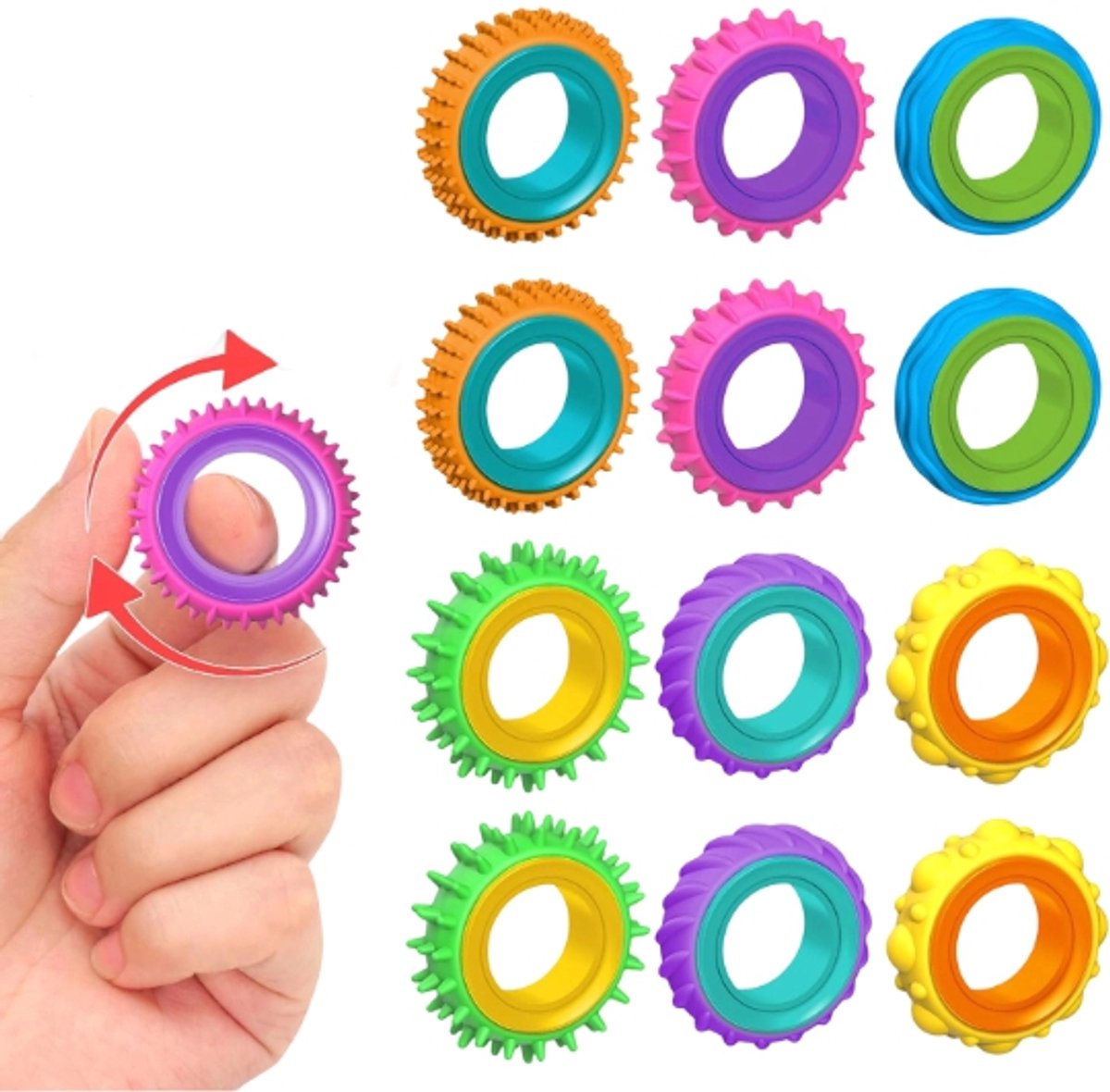 Daity Fidget Vinger Spinner Ringen Set van 12 stuks — Kleurrijke Siliconen Stressverlichting Speelgoed voor Kinderen en Volwassenen
