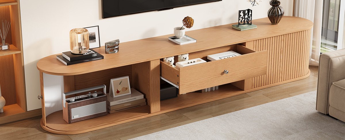 OKWISH TV Meubel - Lowboard Met 2 Roldeuren En 1 Lade - Geschikt Voor Woonkamer En Eetkamer - Houtkleur Spaanplaat - 180x40x40 cm