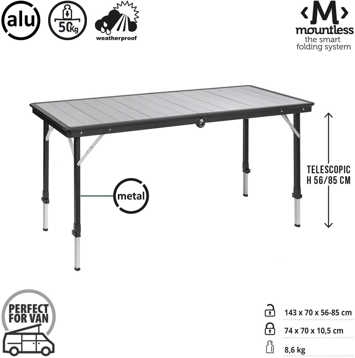 Brunner Dinemic 6 - Campingtafel 150 x 80 x 68 cm - Aluminium frame