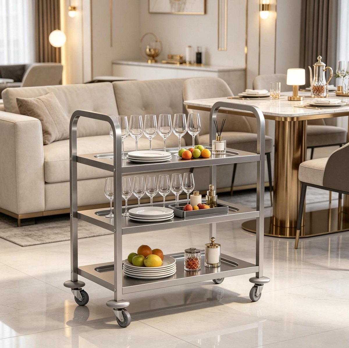 STILVORA Dienblad – 3-Laags Servierwagen Met Wielen – 90,5 x 50,5 x 88,2 cm – Verchroomd Staal – Zilver – Voor Keuken En Transport