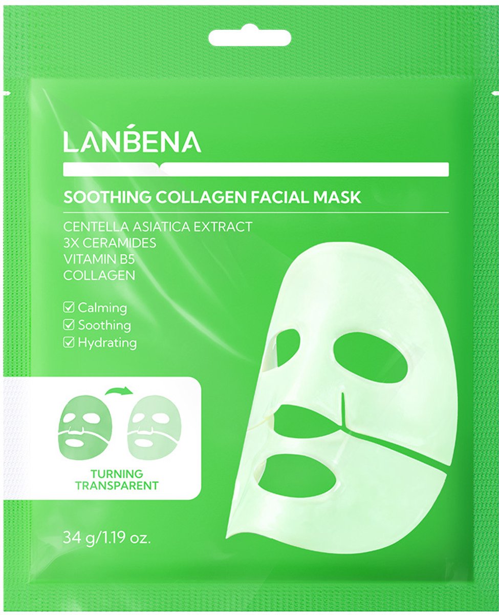LANBENA Soothing Collagen Facial Mask – Kalmerend Sheetmasker met Centella Asiatica, 3 Ceramiden, Vitamine B5 & Collageen – 34 g