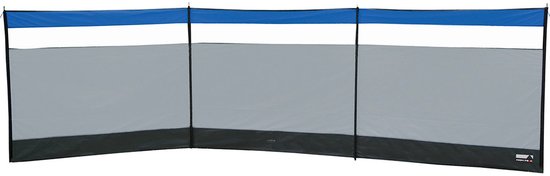 Een lang, grijs windscherm met een blauwe baan bovenaan en een zwarte onderrand. Gemaakt van drie secties.