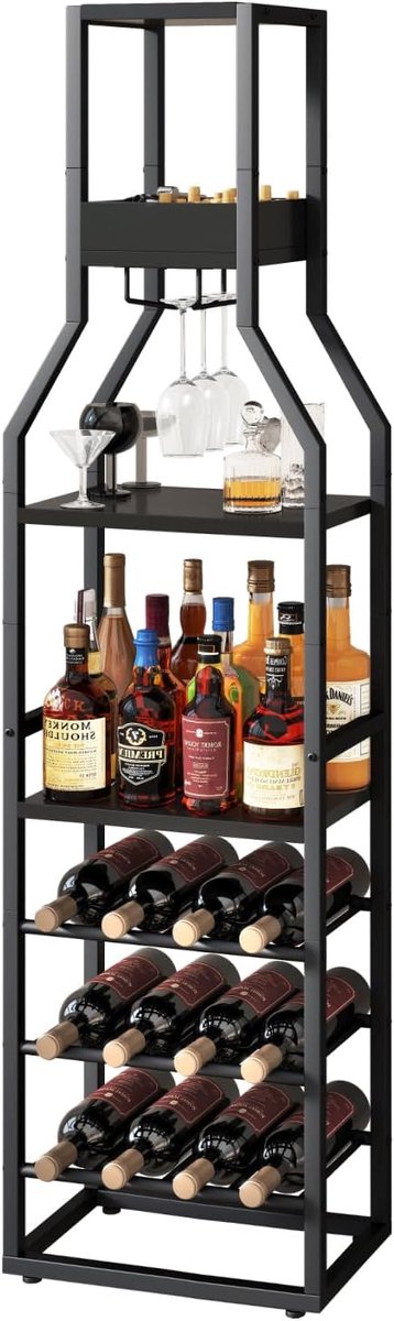 5-laags wijnrek vrijstaande vloer, mini-barkast voor thuis, moderne houten drankstandaard wijnglashouder, wijnfles displayhouder voor woonkamer, keuken, eetkamer, rustiek bruin TMJ916B