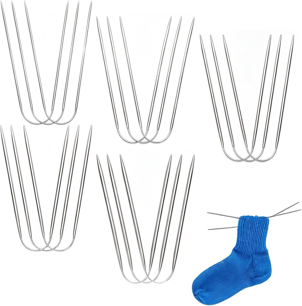 Set van 15 ronde breinaalden voor sokken en mouwen, roestvrijstalen naalden in 5 maten (2,0 mm - 3,0 mm), kleine rondbreinaaldenset voor het breien van mutsen, sjaals en truien