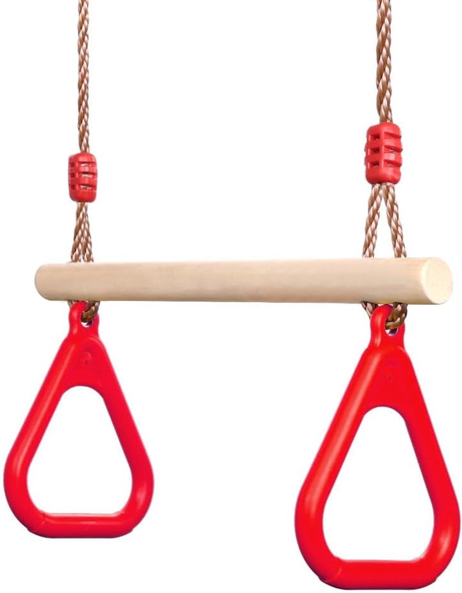 Multifunctionele houten trapeziumschommel met kunststof turnringen om op te hangen, belastbaar tot 160 kg, rood