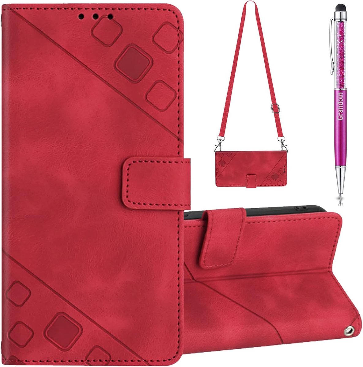 Compatibel met OPPO A78 5G hoesje, crossbody-hoesje voor OPPO A78 5G, magnetisch lederen klaphoesje met verstelbaar nekkoord, kaartsleuven en standaard, schokbestendige beschermhoes (rood)