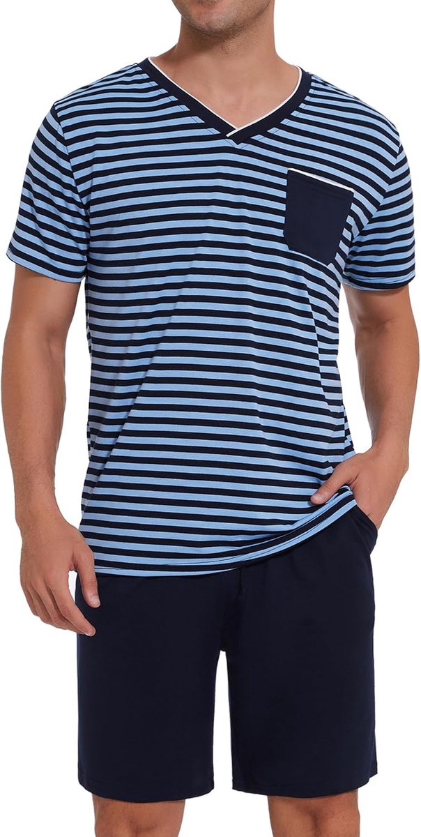 pyjama voor heren, van katoen met contrasterende strepen, zomerpyjamaset, bovendeel en korte broek, vader en partner, groen, L