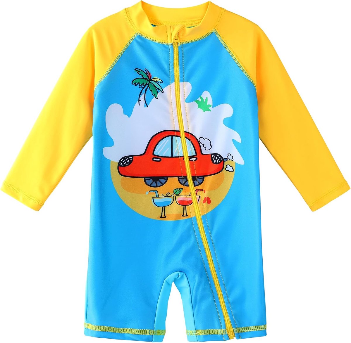 Eendelige Boxershorts Anti-UV Print Leuke Print Badpak met Lange Mouwen Jongens 1 Maand Tot 4 Jaar Oud, 442 blauwe auto, 5-6 Jaar