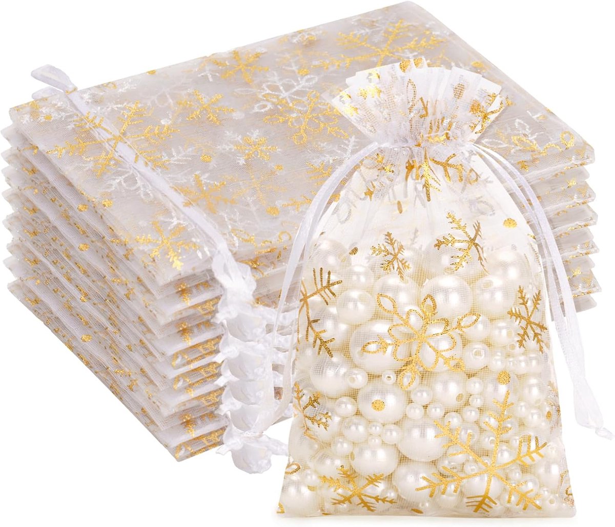 Organza Zakjes:Wit Kerstmis Sneeuwvlok Trekkoord Tasjes 10x15cm,Cadeauzakjes Verpakking 50 Stuks voor Snoep en Feestbedankjes