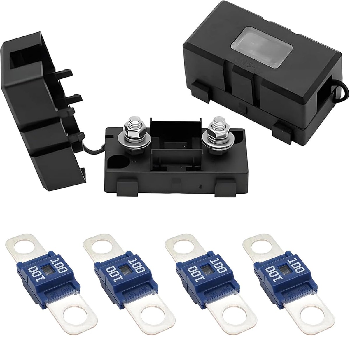2 stuks ANS-zekeringhouders voor auto en 4 stuks hoogstroom-midi-zekeringen 100 A voor auto's, vrachtwagens, bouwplaatsvoertuigen, bussen, caravans