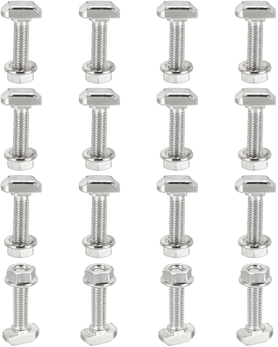 M6 x 25 mm schroeven voor T-groef, 16 sets hamerkopbouten met zeshoekige klemmoeren voor aluminium profiel serie 30, zilver