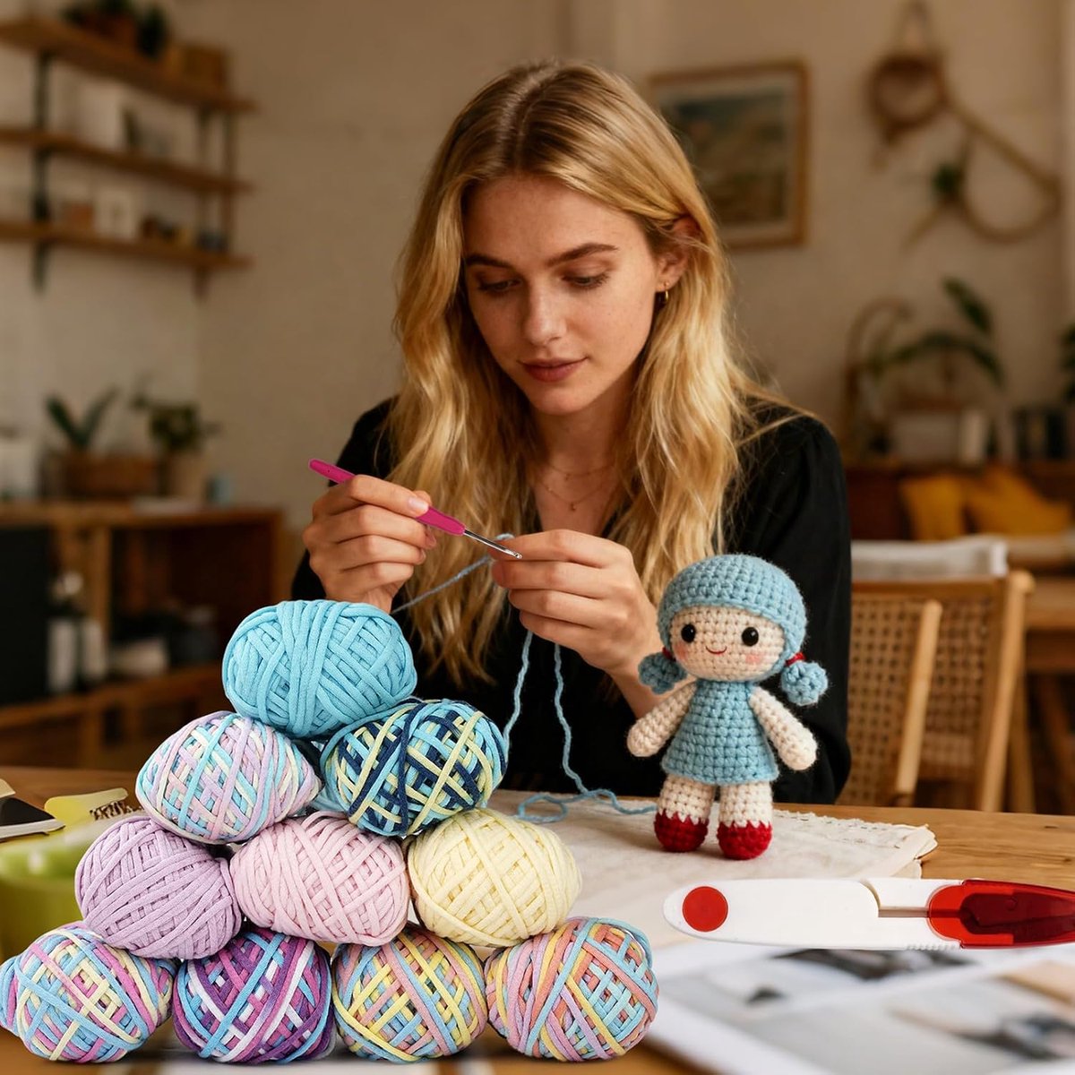 36 stuks haakset voor beginners, inclusief 3 haaknaalden met zachte grip voor haakgaren en wol, doe-het-zelf haaksets voor beginners met 15 g zacht haakgaren, 10 rollen (Batiikkleur)