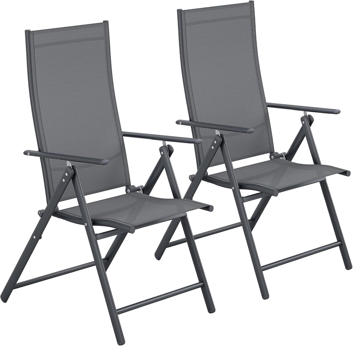 Tuinstoel, inklapbaar, set van 2, 7-voudig verstelbare rugleuning, metalen frame, tot 120 kg belastbaar, lichte klapstoel voor tuin, terras, balkon en camping, donkergrijs